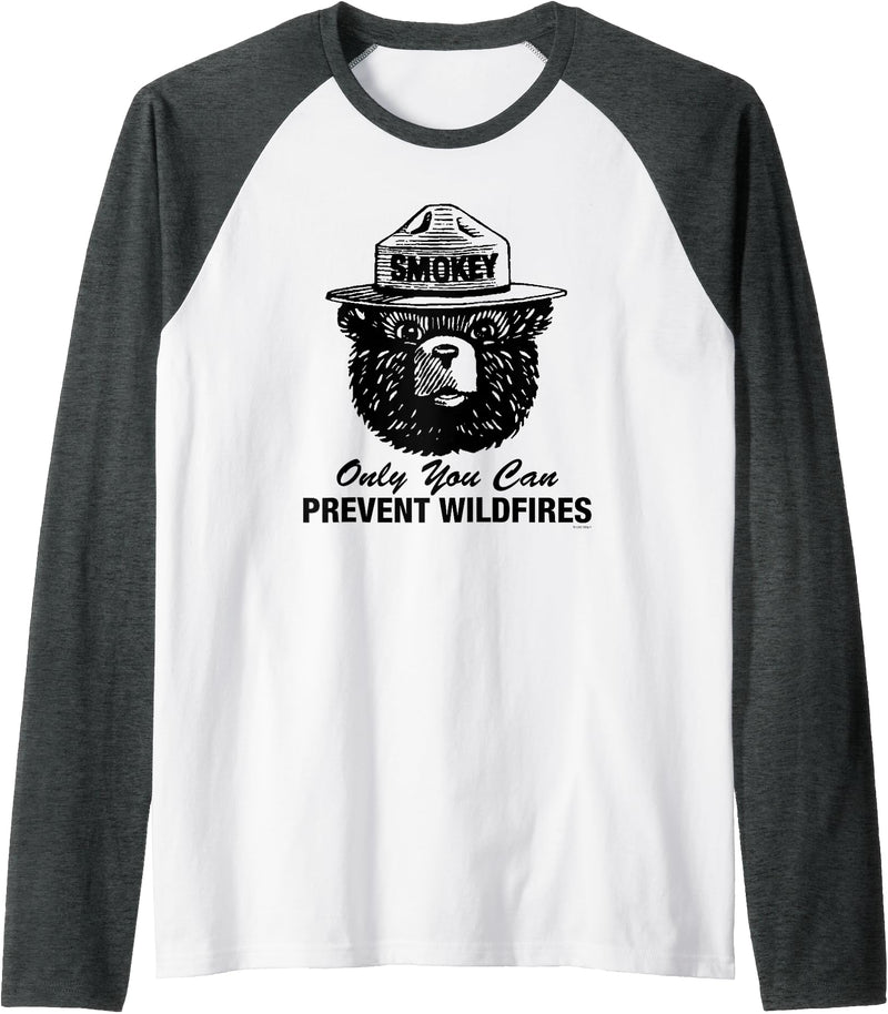 Smokey Bear Only You Can Prevent Wildfires Fire Prevention Raglan Baseball Tee - Dark Heather Grey/White