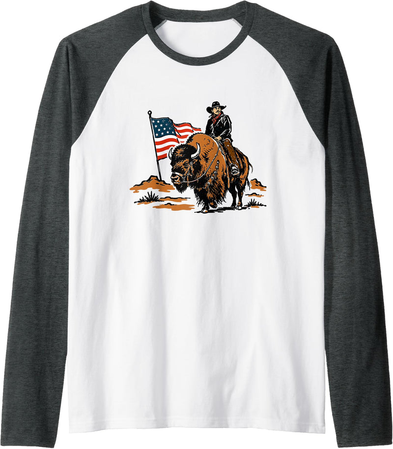 American Cowboy Bison Rodeo Patriotic 4th Of July Retro Western Cowboy Riding Buffalo 4th of July Rodeo Summer Raglan