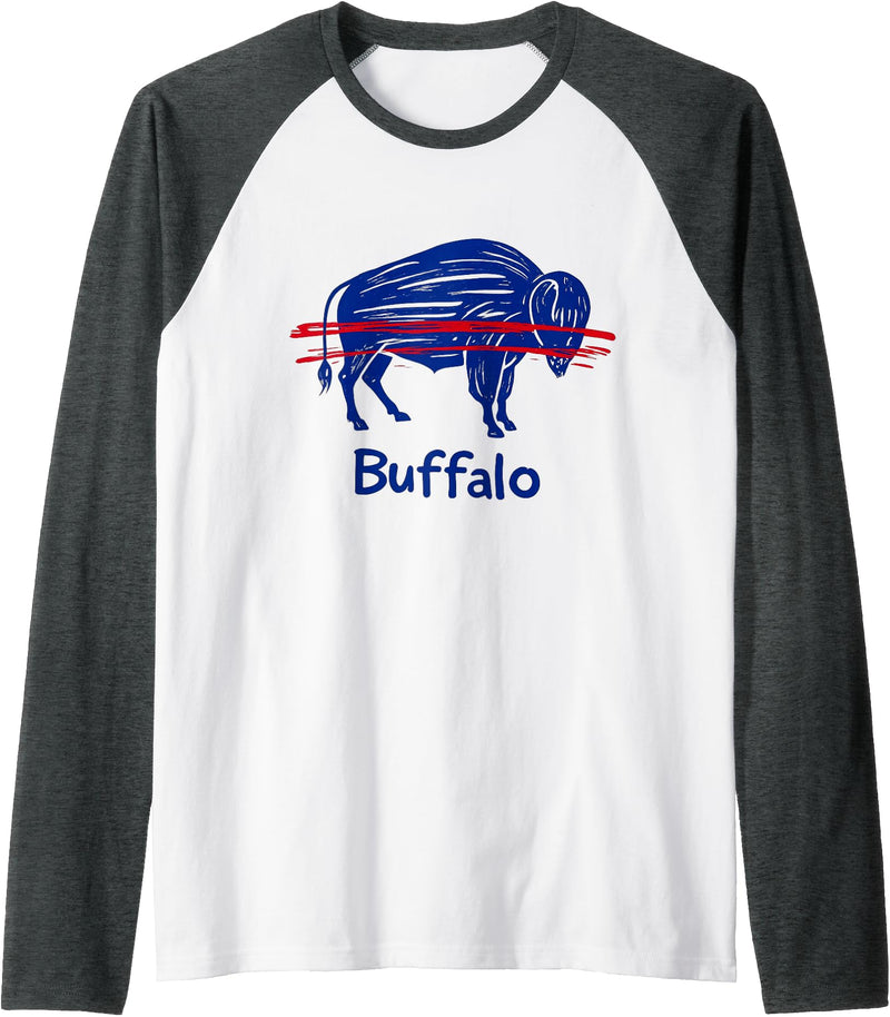 Buffalo Game-Day Designs Funny Drawing Buffalo Women Girls Kids Raglan Baseball Tee - Dark Heather Grey/White