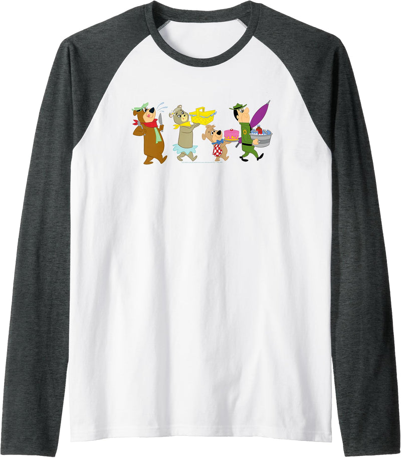 Yogi Bear Marching to the Picnic Raglan Baseball Tee - Dark Heather Grey/White
