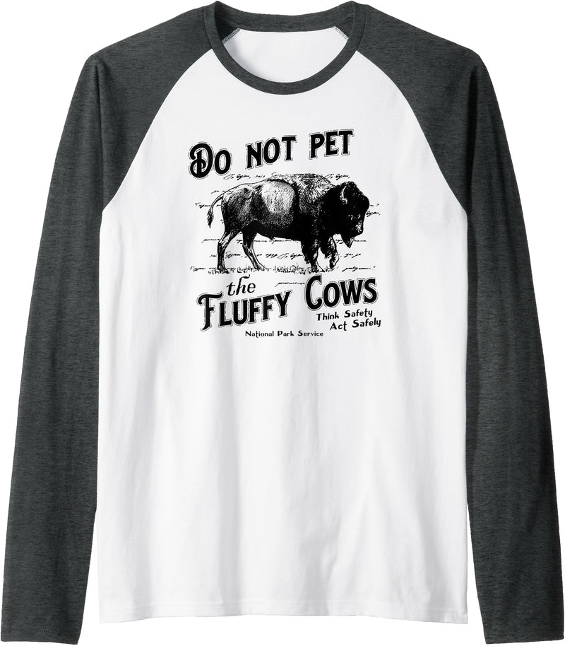 Do Not Pet The Fluffy Cows American Bison Vintage Raglan Baseball Tee - Dark Heather Grey/White