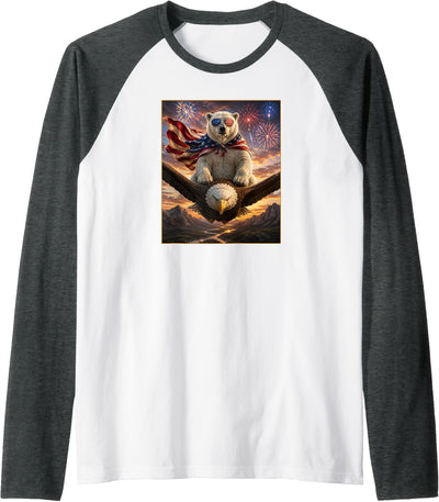 Polar Bear on Bald Eagle American Flag Glasses USA Raglan Baseball Tee