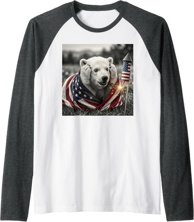 Funny Polar Bear American USA Flag 250 Years 4th of July Raglan Baseball Tee
