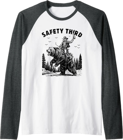 Safety Third, Funny Guys, Grizzly Bear, Cowboy Western Raglan Baseball Tee