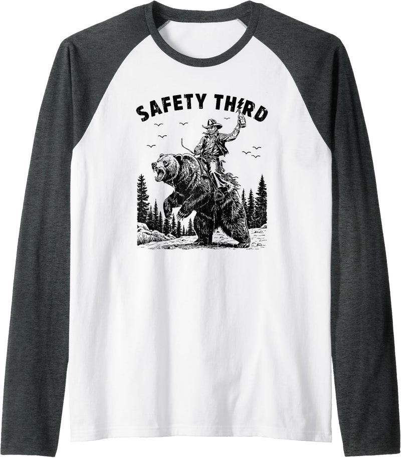 Cowboy Western Bear Tee Safety Third, Funny Guys, Grizzly Bear, Cowboy Western Raglan Baseball Tee - Dark Heather Grey/White