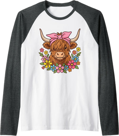 Highland Cow Funny Saying Bow Flowers Raglan Baseball T-Shirt