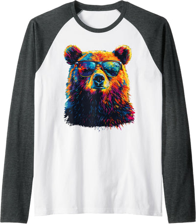 Bear Wearing Sunglasses Wildlife Graphic Colorful Bear Raglan Baseball Tee