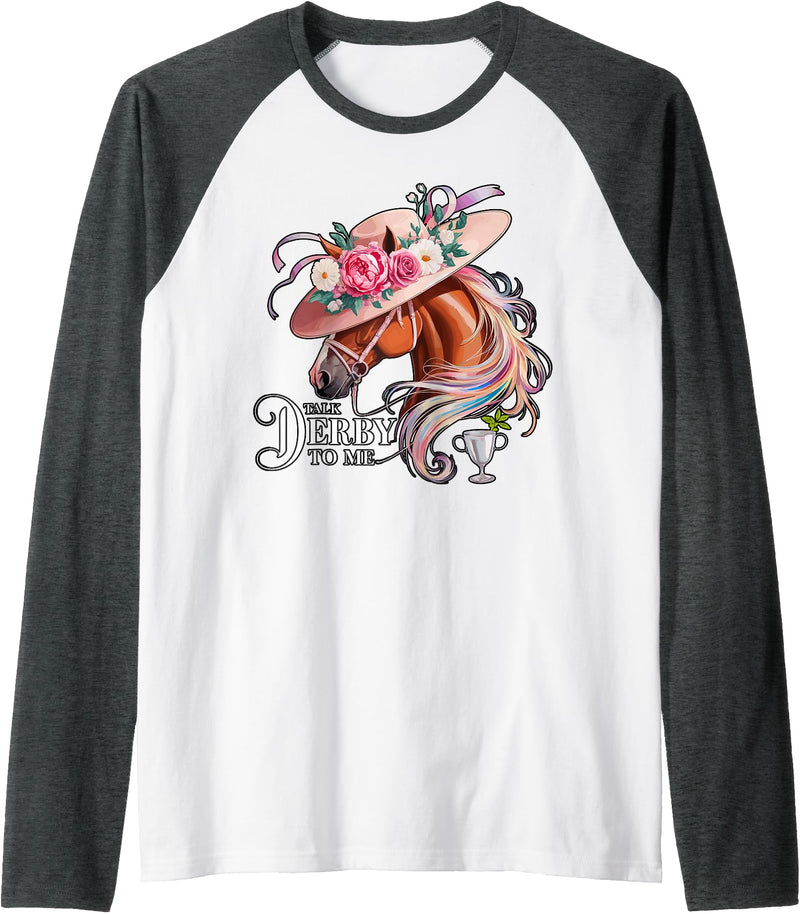 Magical and Funny Horse lover Gifts Talk Derby to me Derby Day Horse Racing Raglan Baseball Tee - Dark Heather Grey/White
