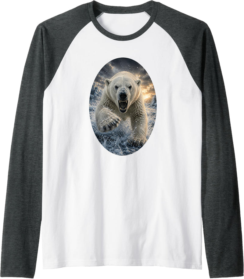 Untamed Horizon Collection Polar Bear Wildlife Art Majestic Arctic Nature Graphic Raglan Baseball Tee - Dark Heather Grey/White