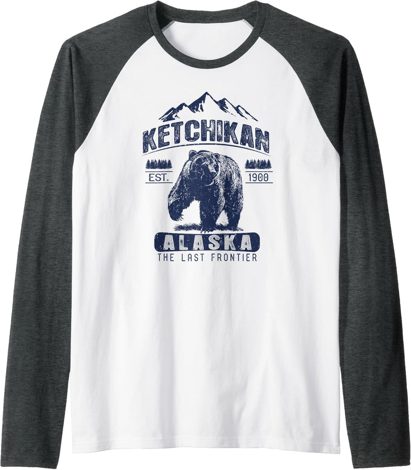 Ketchikan Alaska Souvenir Gift Shirts Vintage Bear Ketchikan Alaska Shirt - Ketchikan AK Raglan Baseball Tee - Dark Heather Grey/White