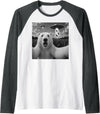Retro Polar Bear Selfie with UFOs Meme Polar Bear Selfie with UFO Alien Funny Raglan Baseball Tee - Dark Heather Grey/White