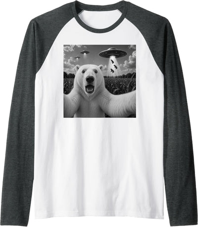 Polar Bear Selfie with UFO Alien Funny Raglan Baseball Tee