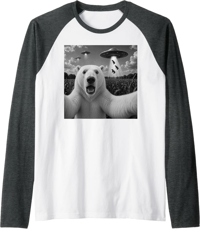 Retro Polar Bear Selfie with UFOs Meme Polar Bear Selfie with UFO Alien Funny Raglan Baseball Tee - Dark Heather Grey/White