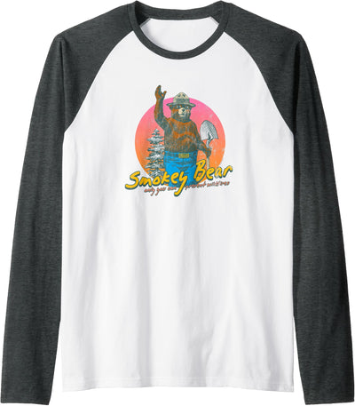 Retro Smokey Bear Colorful Sunset PSA Raglan Baseball Tee