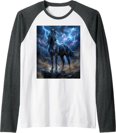 Horse Lovers Beautiful Horse with Lightning Sky Horse Raglan Baseball Tee