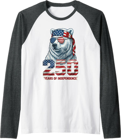 Polar Bear 250 Years of Independence Patriotic America 1776 Raglan Baseball Tee