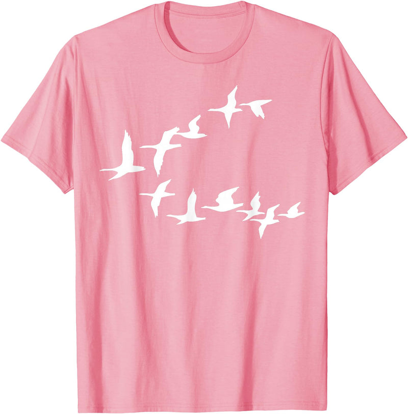 Marron Bear Birds In Flight, V Pattern Flock Of Geese T-Shirt - Pink