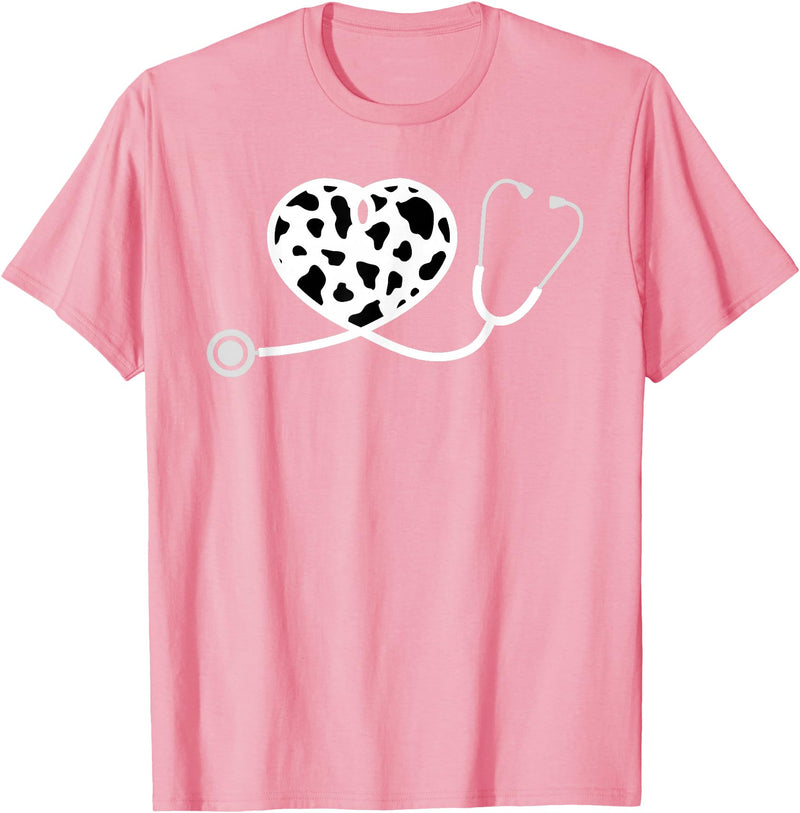 Cute Cow Print Design Stethoscope Gifts Him Her Cow Print Pattern Nurse Doctor Cardiology Stethoscope Heart T-Shirt - Pink