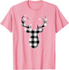 Buffalo Plaid Deer Clothing Co. by AAM Black & White Classic Christmas Buffalo Plaid Deer Head T-Shirt - Pink