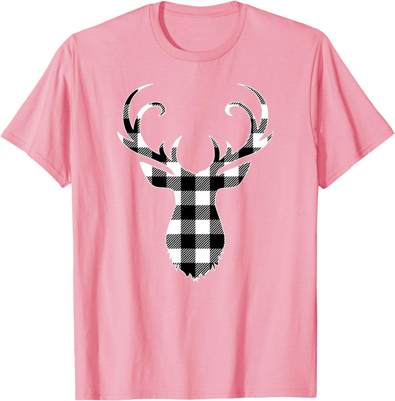 Buffalo Plaid Deer Clothing Co. by AAM Black & White Classic Christmas Buffalo Plaid Deer Head T-Shirt - Pink