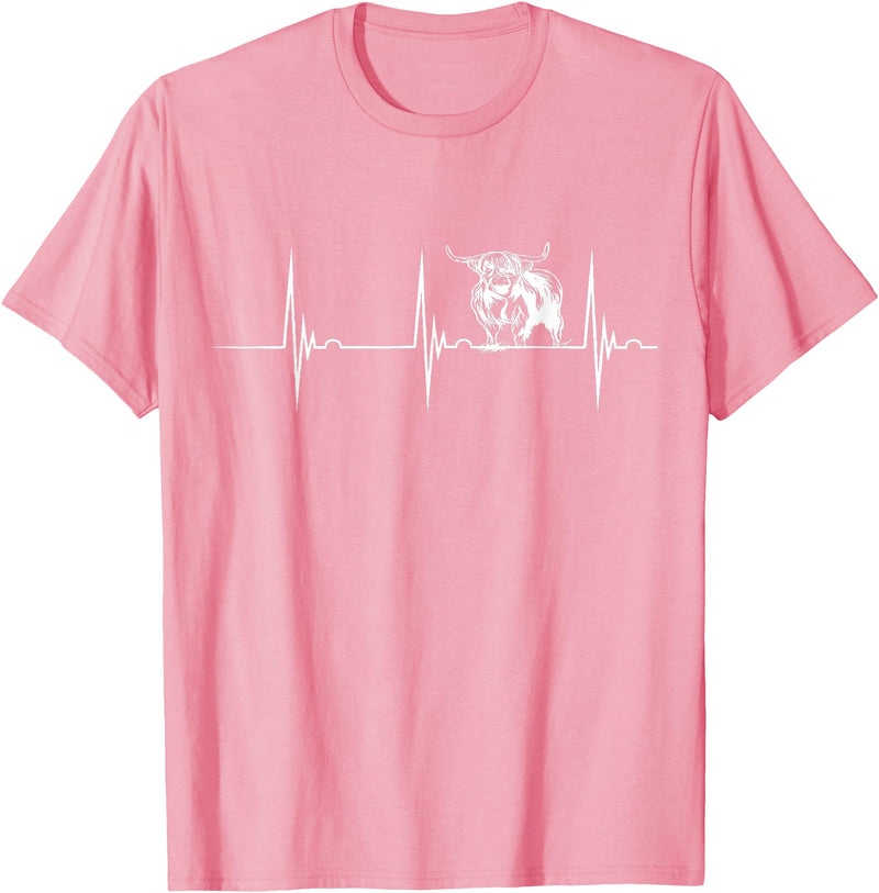 Loveable Highland Cows Hairy Coos Scottish Highland Cow Heartbeat EKG Pulse Highlander Cow T-Shirt - Pink