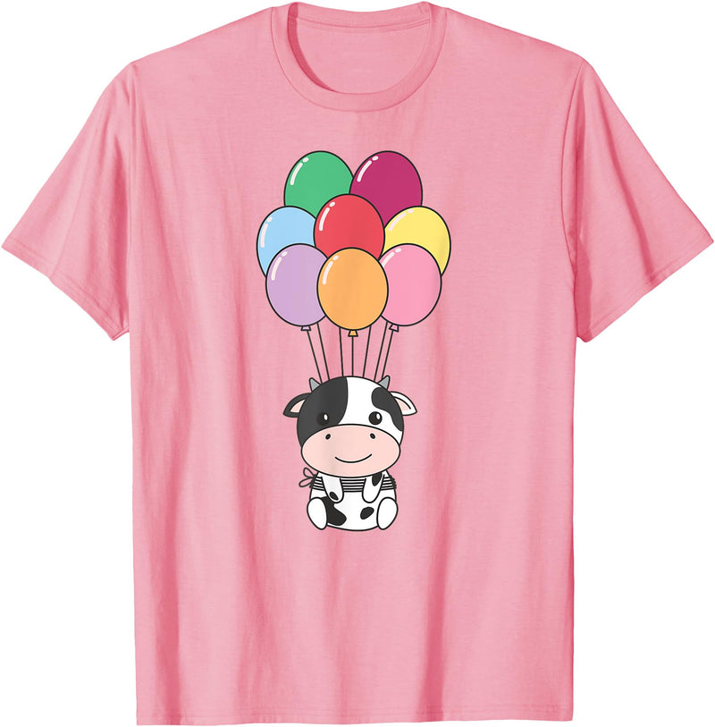 Cute Balloon Animals For Birthday Cow Flies With Colorful Balloons Kawaii Cows T-Shirt - Pink