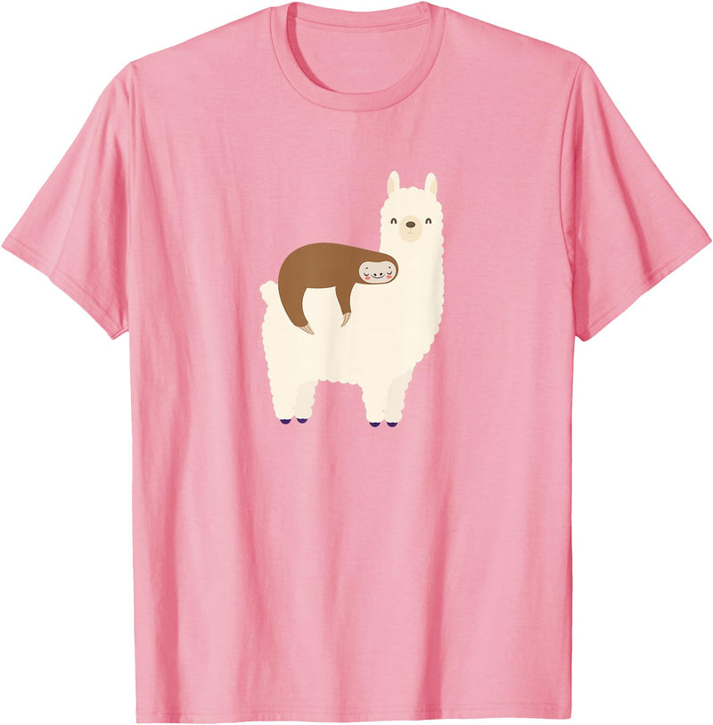 Unique Animal Lover Apparel Decor & Gifts Outlet Sloth Riding Llama Funny Graphic for Women for Girls T-Shirt - Pink