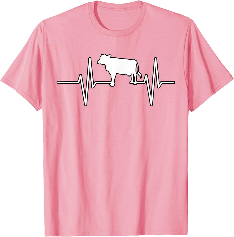 Animal Funny Farmer Farmers Gift Cow Cattle Beef Heartbeat Funny T-Shirt - Pink