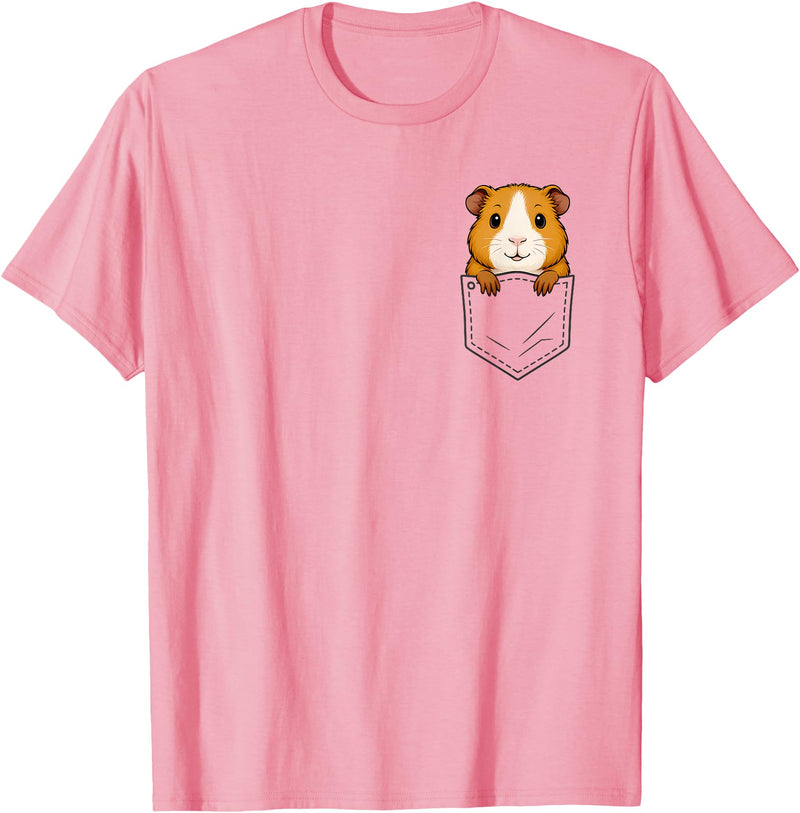 Animal In Pocket Tee Funny Guinea Pig Peeking in Pocket Cavy Rodent Animal Lover T-Shirt - Pink