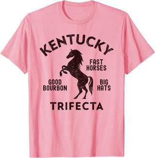 Vintage Horse Racing & Race Track Apparel Kentucky Trifecta - Fast Horses, Big Hats, & Good Bourbon T-Shirt - Pink