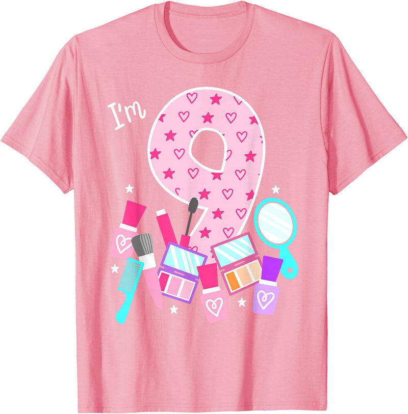 Birthday Girl Spa Squad Outfit Gifts Shop Spa Birthday Party I'm 9 Girls Makeup 9th Bday Kids Toddlers T-Shirt - Pink