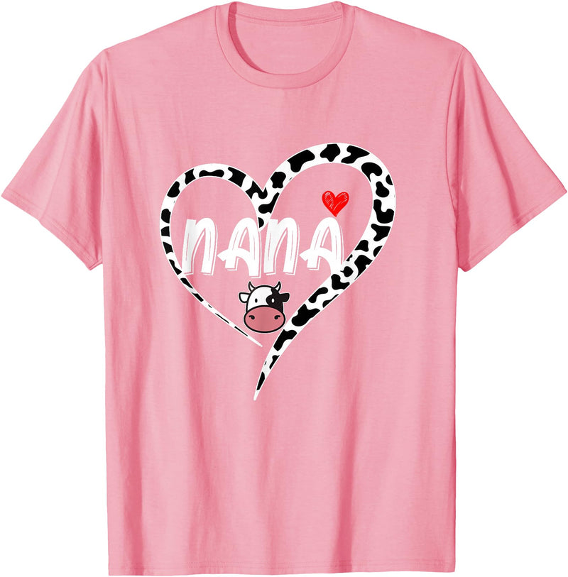 Black White Family Cow Farm Nana Cow Print Cow Heart Pattern Farmer Cows Mother's Day T-Shirt - Pink