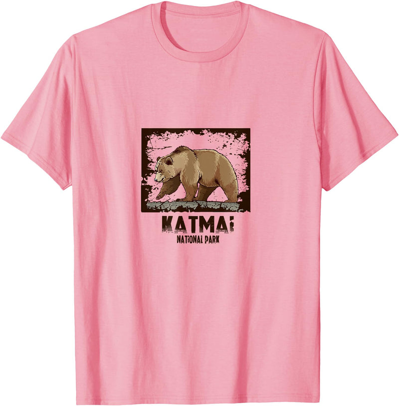 National Parks Nature Lovers Camping Apparel Katmai National Park Bear T-Shirt - Pink