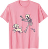 Funny Skeleton Dog Bone Halloween Kawaii Dog Steals Bone from Skeleton Running Halloween T-Shirt - Pink