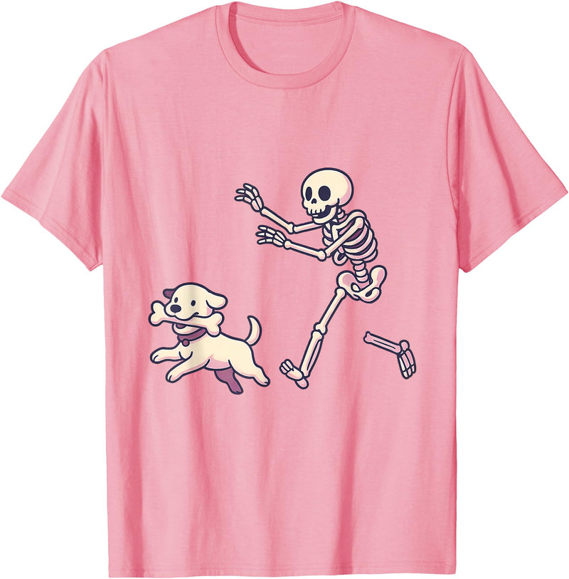 Funny Skeleton Dog Bone Halloween Kawaii Dog Steals Bone from Skeleton Running Halloween T-Shirt - Pink