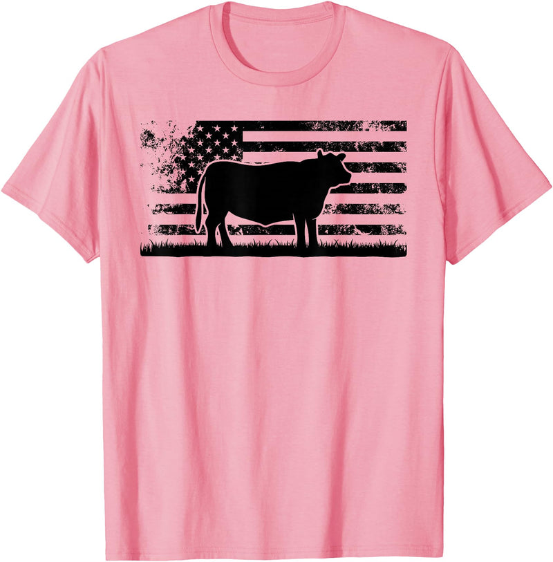Funny Red Angus Rancher Gift for Cattle Lover USA American Flag - America Cow Red Angus Rancher T-Shirt - Pink