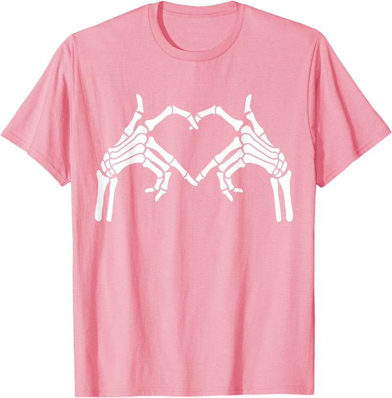 Skeleton Hand Halloween Trendy Novelty Graphic Art Skeleton Hands Heart Sign Halloween Tops T-Shirt - Pink