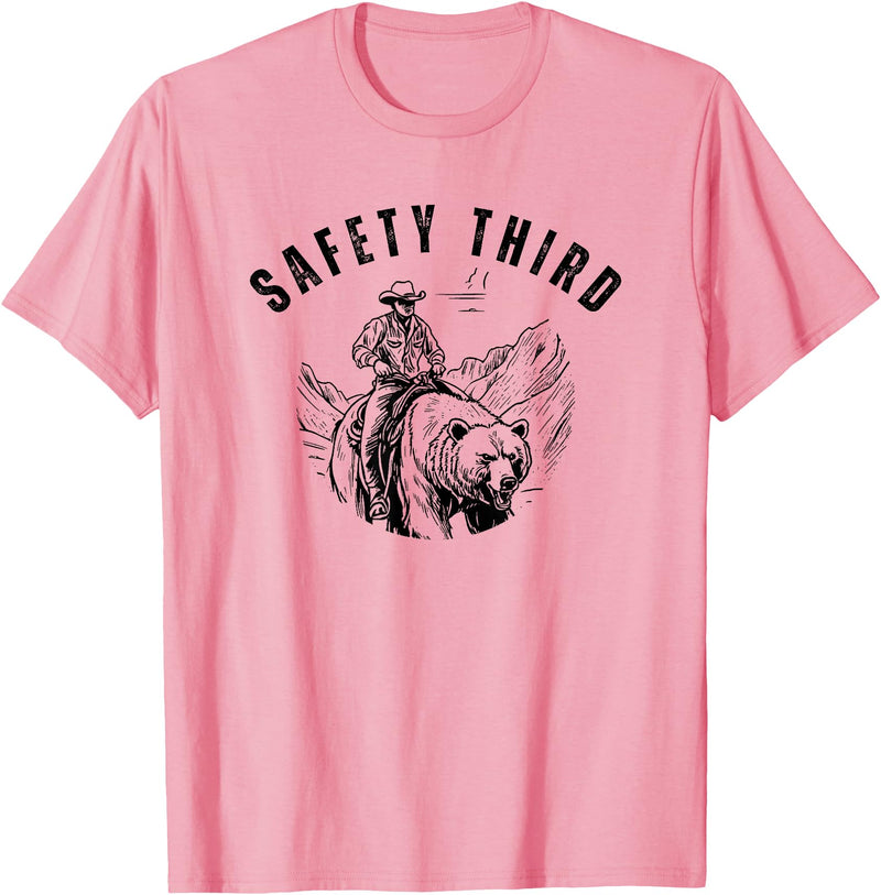 Exteevaganza Safety Third Cowboy Riding Bear Humorous Graphic T-Shirt - Pink