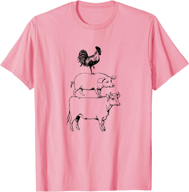 Tee Farm Stacked Farm Animals Cow Pig Rooster Meat Lover Farm Lover T-Shirt - Pink