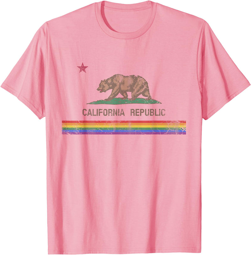 California LGBTQ+ Gift Men Women Couples Groups California Republic Bear LGBT Gay Pride Month Rainbow Flag T-Shirt - Pink