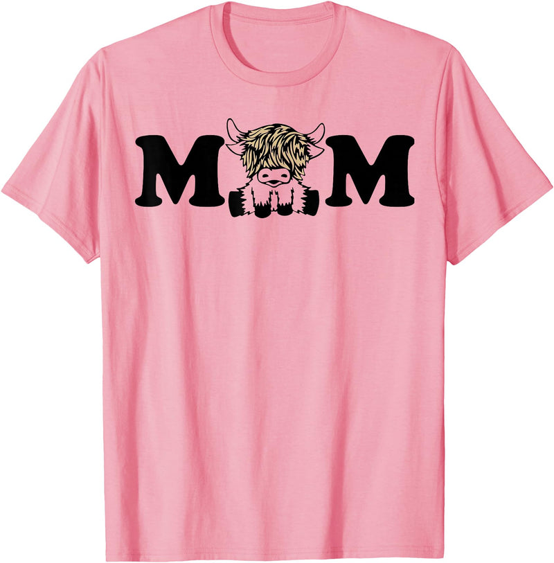 Highland Cattle Corner Messy Bun Life Hair Glasses highland cow mom T-Shirt - Pink