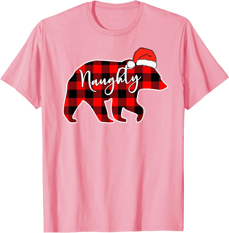 Naughty or Nice Matching Shirts Naughty or Nice Christmas Couple Naughty Bear Red Plaid T-Shirt - Pink