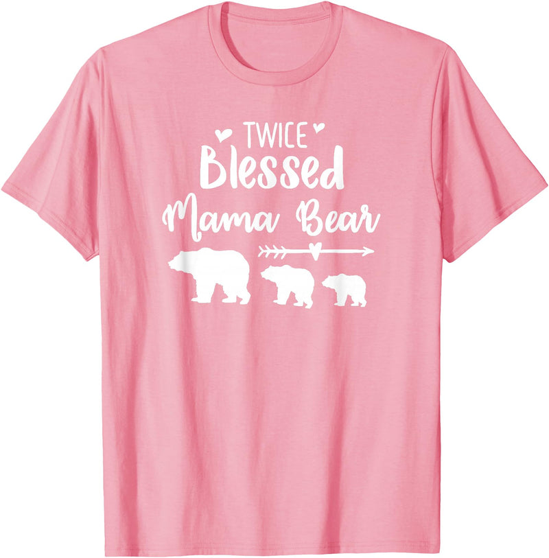 My Tribe Bear Shirts Twice Blessed Mama Bear With Two Baby Cubs Bear Shirt T-Shirt - Pink
