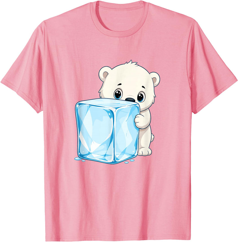Cute Polar Bear Ice Cube Arctic Kawaii Adorable Baby Polar Bear Hugging Big Ice Cube T-Shirt - Pink