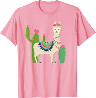 Captivaca Llama Shirts Cute Llama with Flower & Cactus/Llama Lover Gift T-Shirt Small - Pink