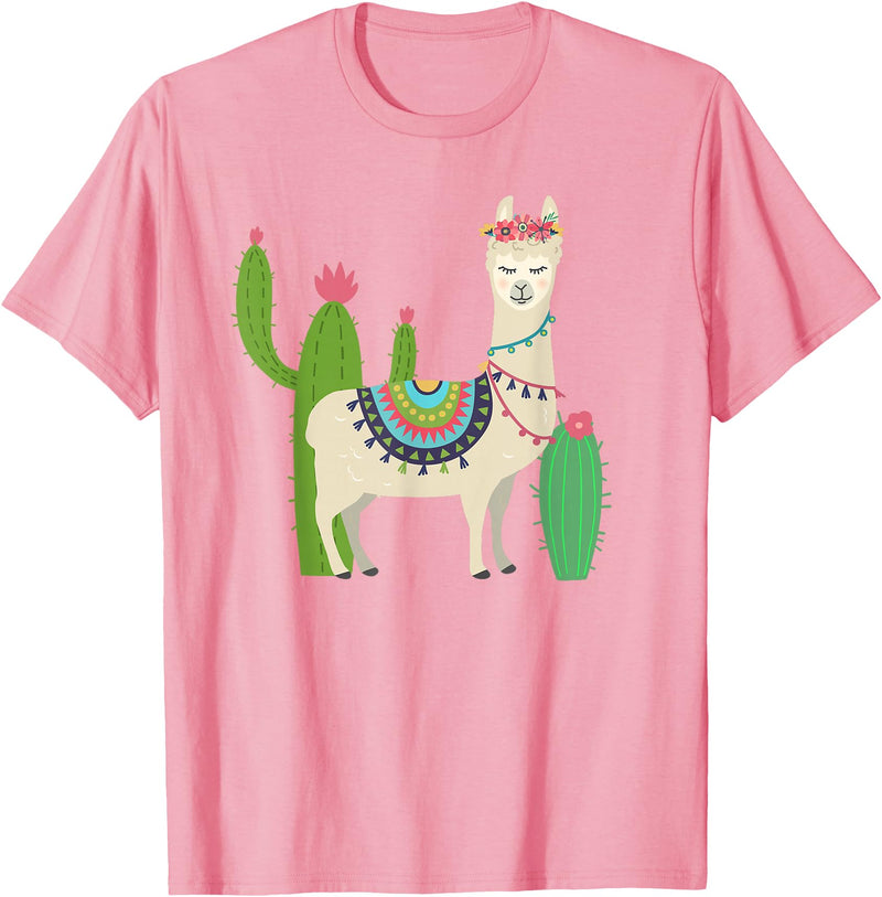 Captivaca Llama Shirts Cute Llama with Flower & Cactus/Llama Lover Gift T-Shirt Small - Pink