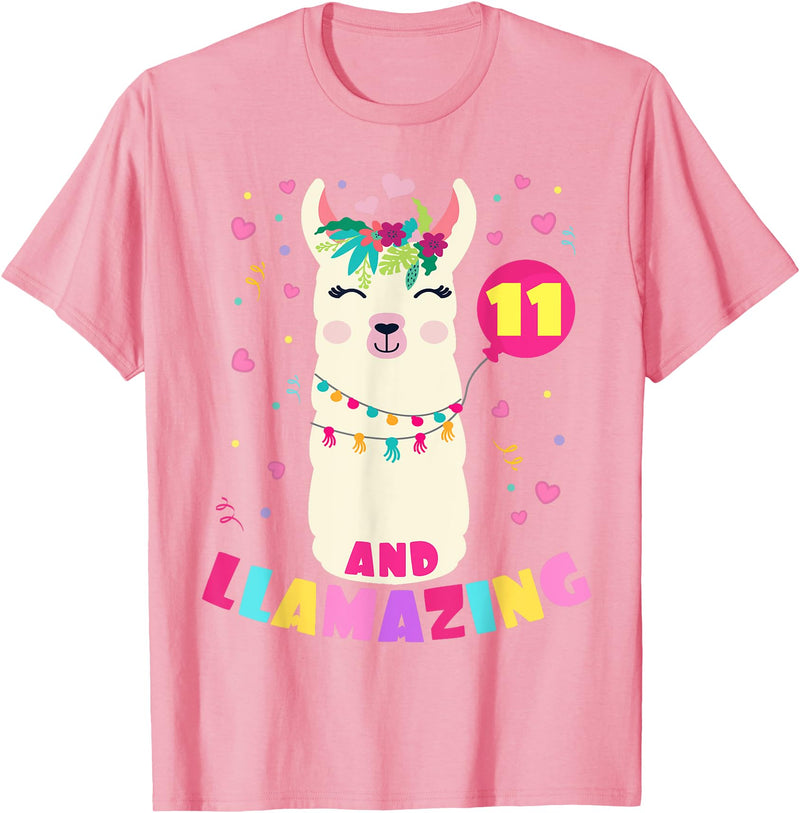 Llamazing Birthday Party Outfit Llama Lovers Llamazing 11 Years Old Girl Birthday Cute Llama Alpaca Kids T-Shirt - Pink