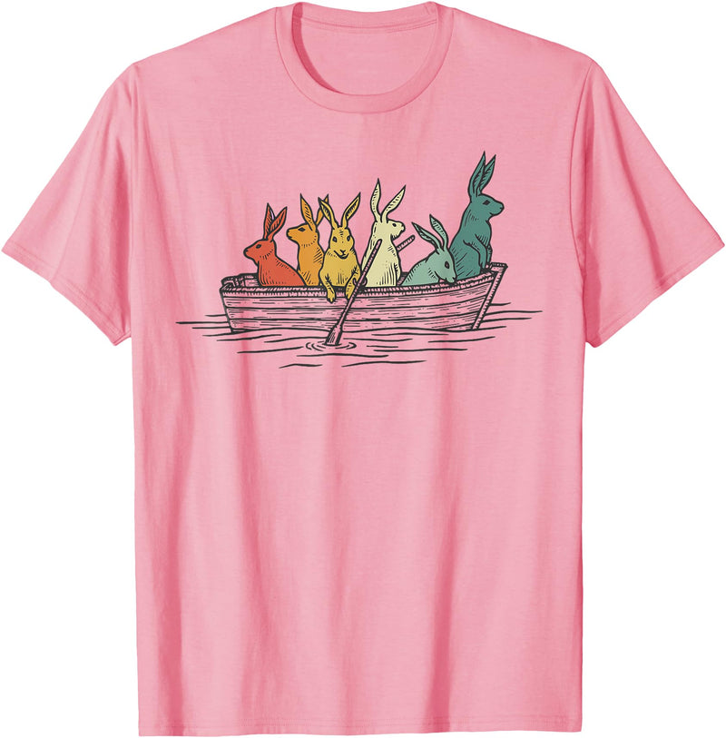 Pretty Rabbits in Retro Colors in a Boat - Bunny Rabbit T-Shirt in Pink