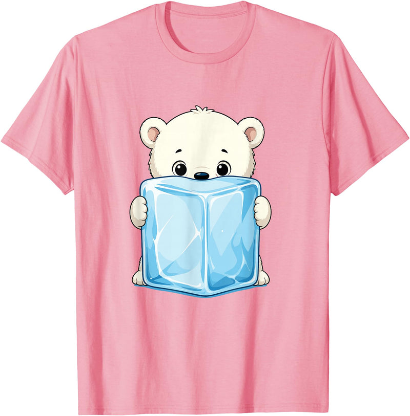 Cute Arctic Polar Bear With Ice Cube Kawaii Baby Polar Bear Holding Ice Cube Cartoon T-Shirt - Pink