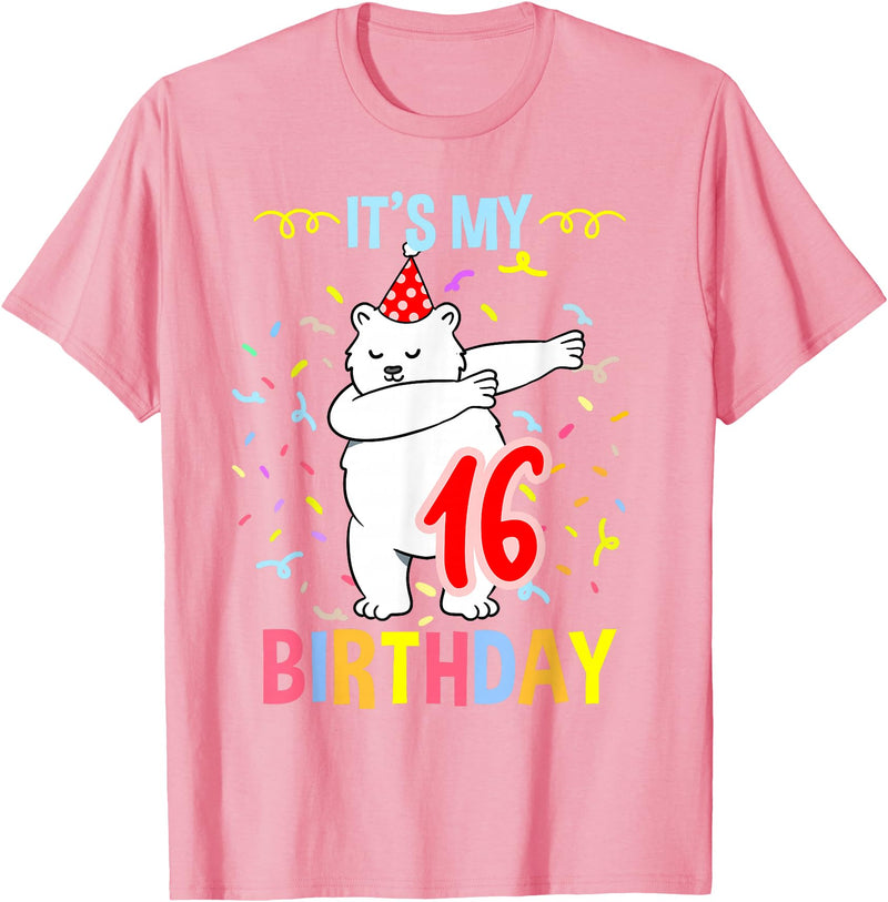 Hiking Lover Design Its My 16th Birthday Dabbing Polar Bear T-Shirt - Pink